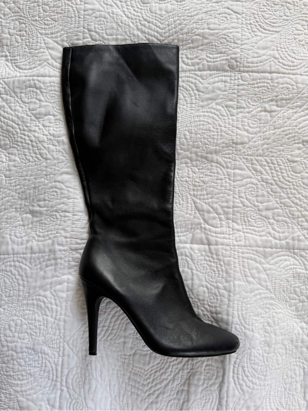 Delman Black Leather Knee-High Stiletto Boot